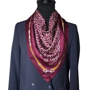 Gucci Vintage Horsebit Silk Scarf Burgundy Equestrian Carré Italy 1980s